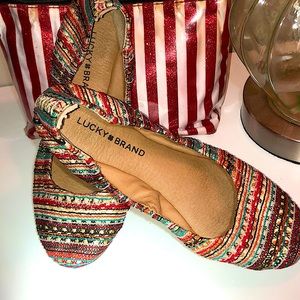 Lucky Brand size 7 ballet style slip-on’s With gold sequins and vibrant colors